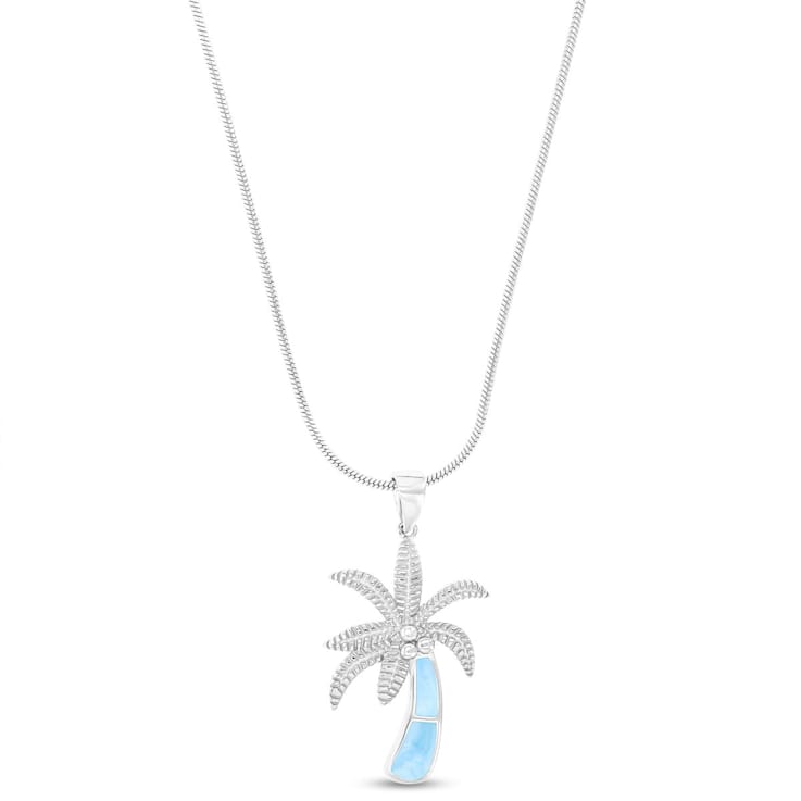 Textured Larimar Palm Tree Rhodium Over Sterling Silver Adjustable Necklace