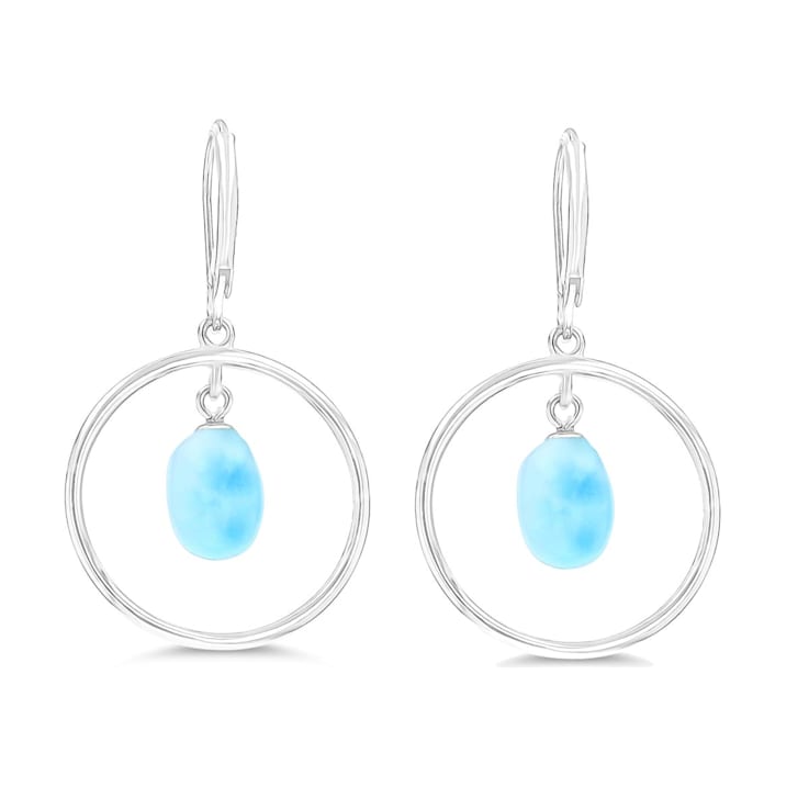 Larimar Ball Open Circle Rhodium Over Sterling Silver Leverback Earring