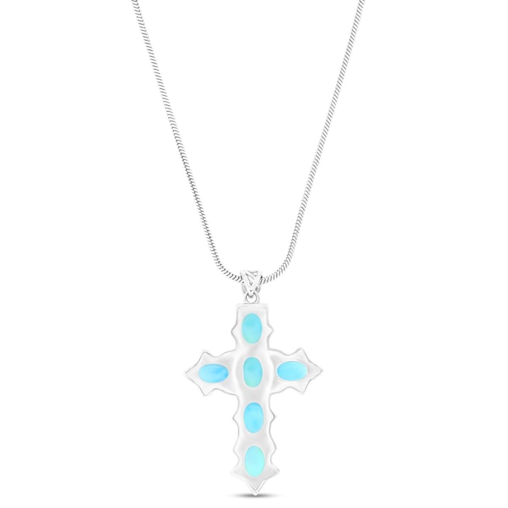 Larimar Oval Cross Rhodium Over Sterling Silver Adjustable Necklace