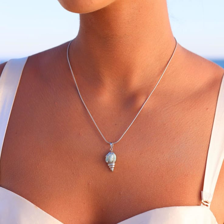 Larimar Seashell Rhodium Over Sterling Silver Adjustable Necklace