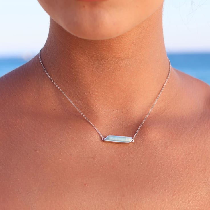 Larimar Rhodium Over Sterling Silver Bar Necklace