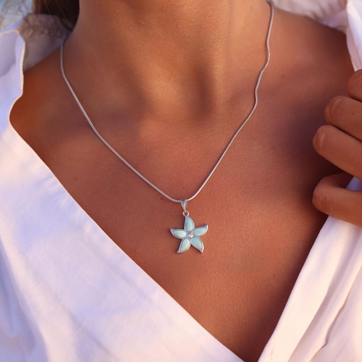 Larimar Flower Rhodium Over Sterling Silver Adjustable Necklace