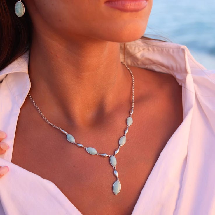 Marquise-Shaped Larimar Rhodium Over Sterling Silver "Y" Necklace