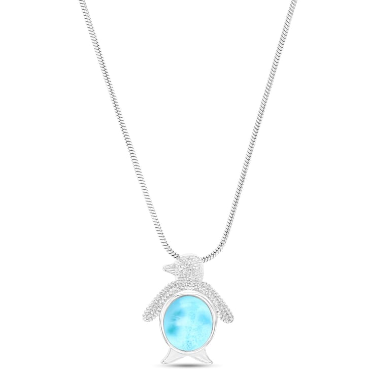Textured Larimar Penguin Rhodium Over Sterling Silver Adjustable Necklace