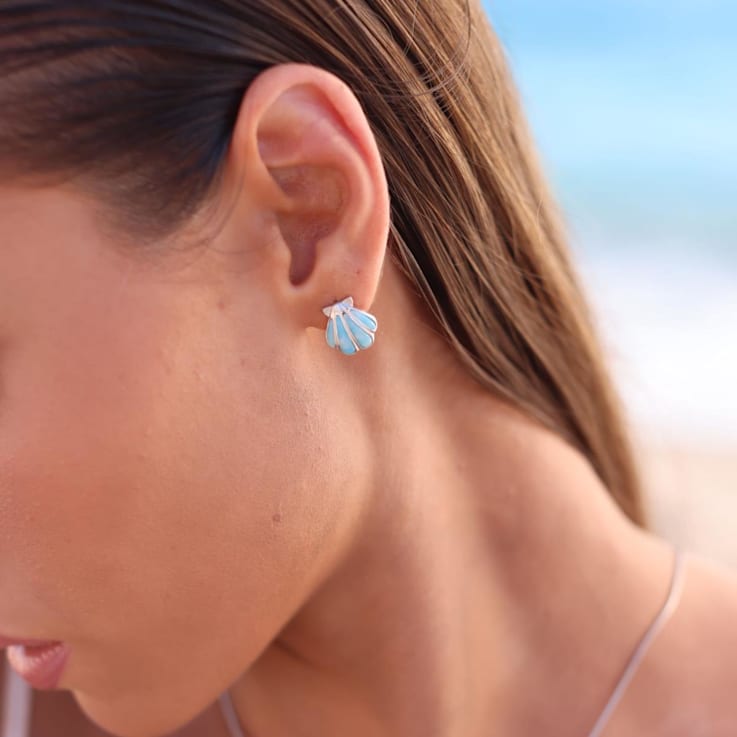 Larimar Shell Rhodium Over Sterling Silver Stud Earring