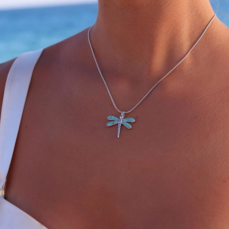 Larimar Dragonfly Rhodium Over Sterling Silver Adjustable Necklace