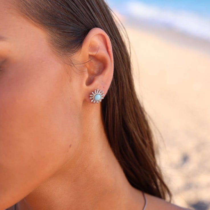 Larimar Sunflower Rhodium Over Sterling Silver Stud Earring