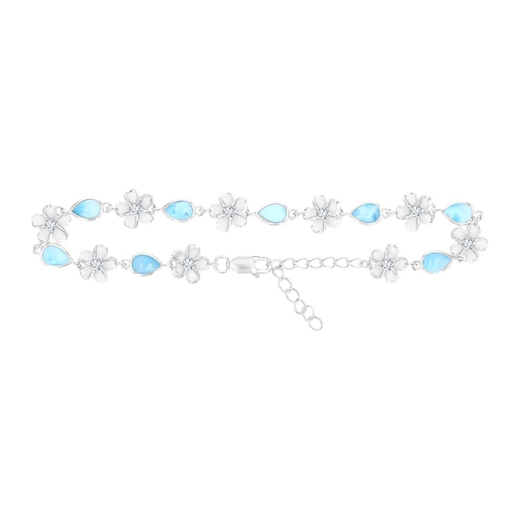 Pear Shaped Larimar Rhodium Over Sterling Silver Flower Bracelet