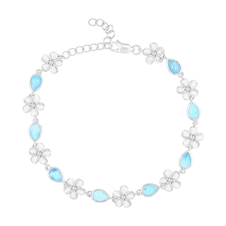Pear Shaped Larimar Rhodium Over Sterling Silver Flower Bracelet
