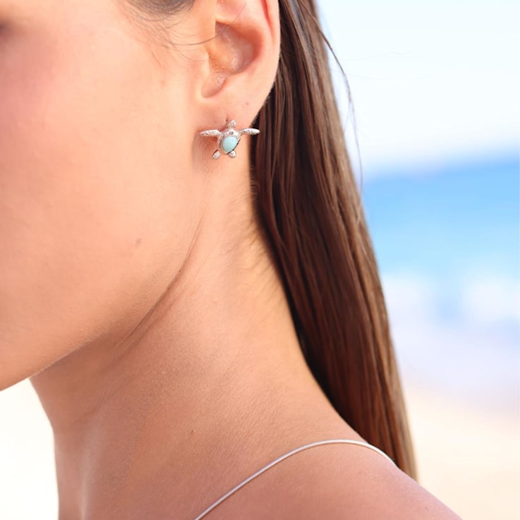 Textured Larimar Turtle Rhodium Over Sterling Silver Stud Earring