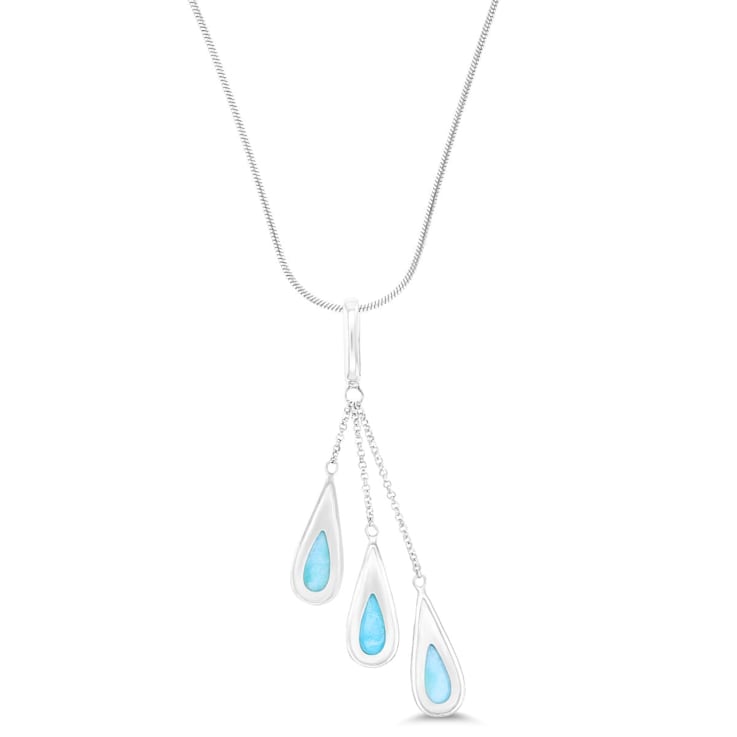 Larimar Triple Pear Rhodium Over Sterling Silver Adjustable Necklace