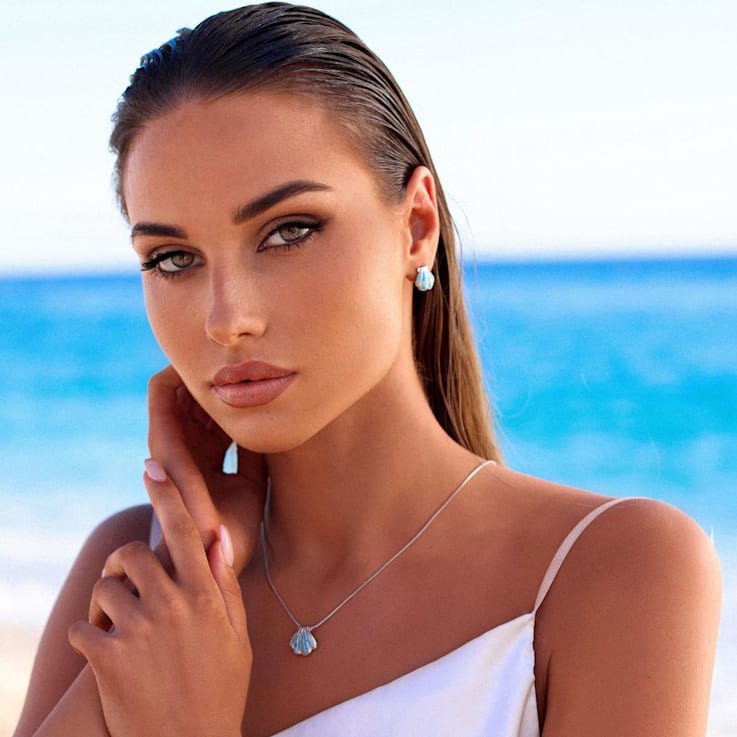 Larimar Shell Rhodium Over Sterling Silver Adjustable Necklace