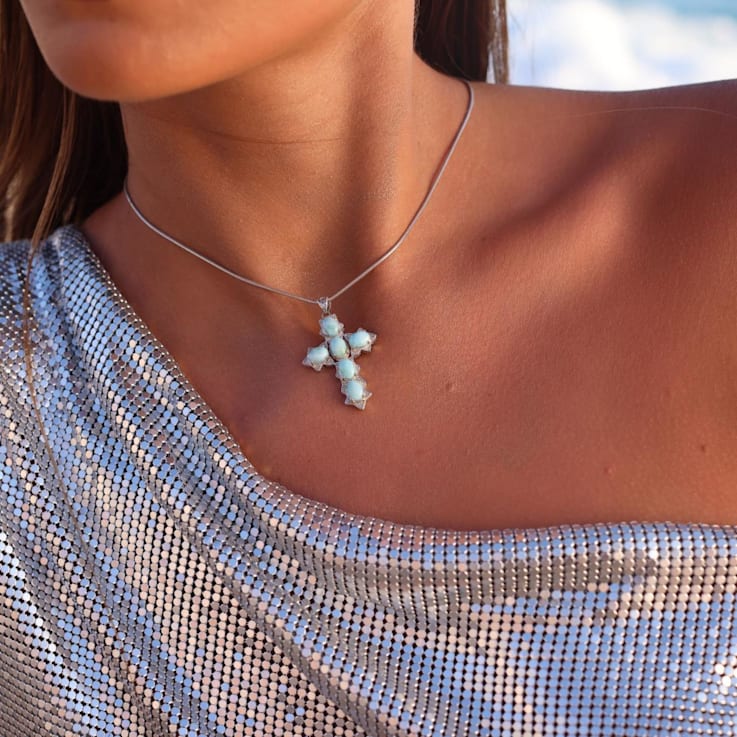 Larimar Oval Cross Rhodium Over Sterling Silver Adjustable Necklace