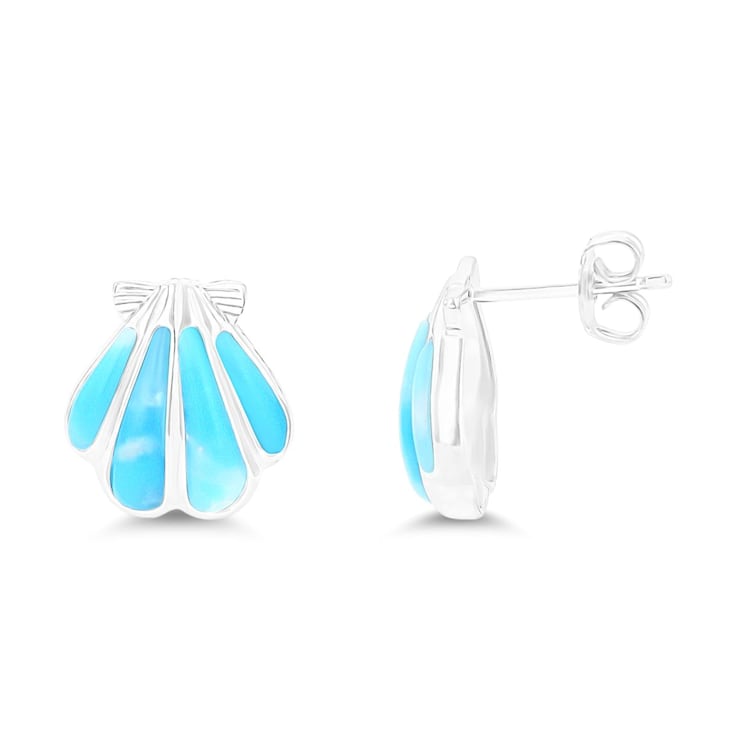 Larimar Shell Rhodium Over Sterling Silver Stud Earring