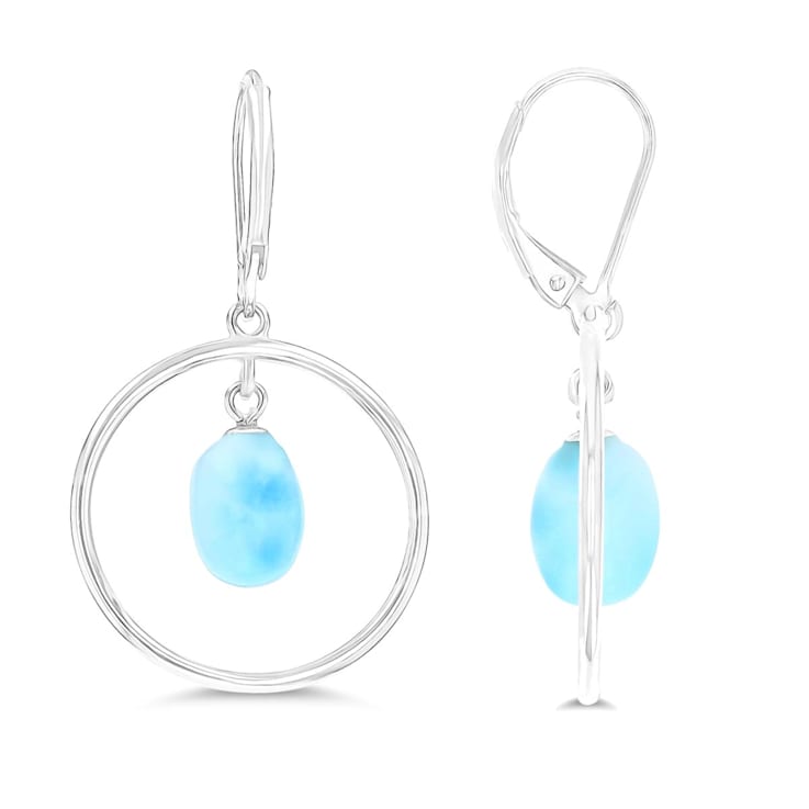 Larimar Ball Open Circle Rhodium Over Sterling Silver Leverback Earring