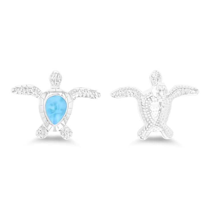 Textured Larimar Turtle Rhodium Over Sterling Silver Stud Earring