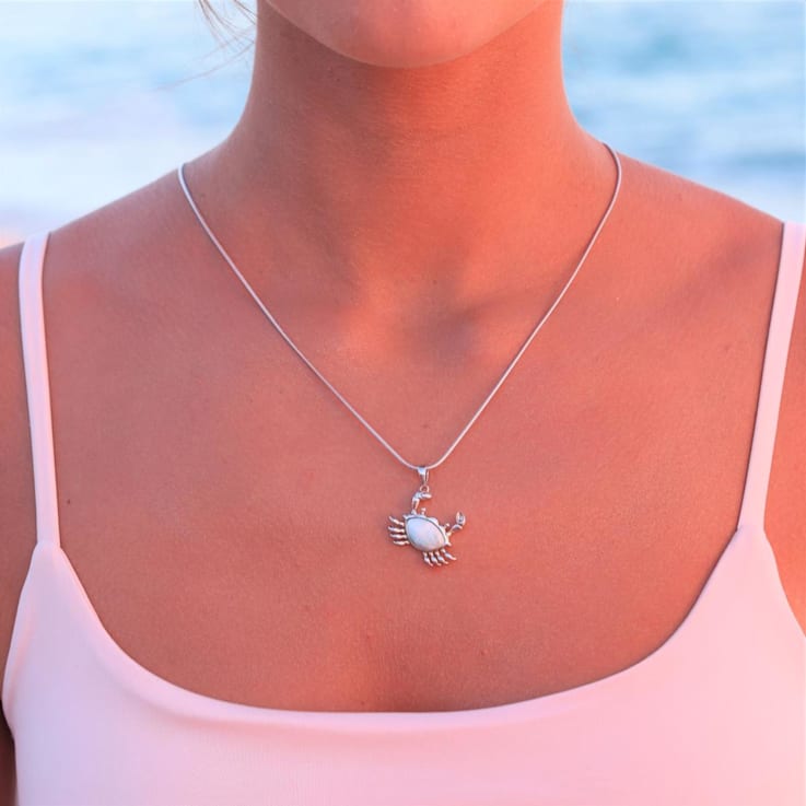 Larimar Crab Rhodium Over Sterling Silver Adjustable Necklace