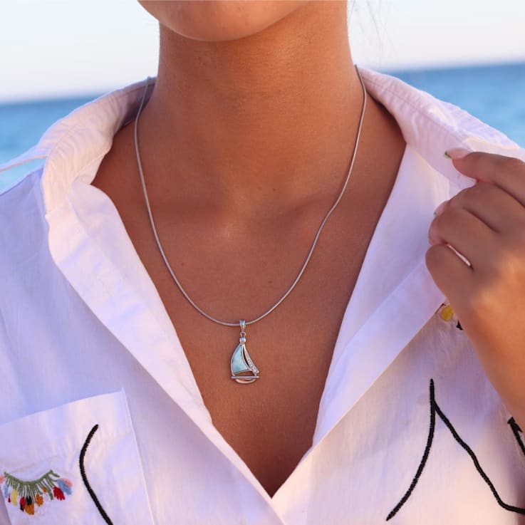 Larimar Sailboat Rhodium Over Sterling Silver Adjustable Necklace
