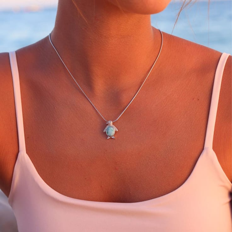 Textured Larimar Penguin Rhodium Over Sterling Silver Adjustable Necklace