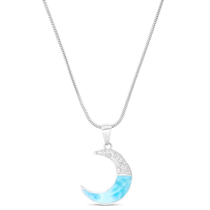 Larimar Crescent Moon Rhodium Over Sterling Silver Adjustable Necklace