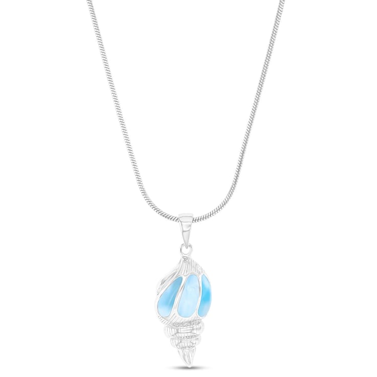 Larimar Seashell Rhodium Over Sterling Silver Adjustable Necklace