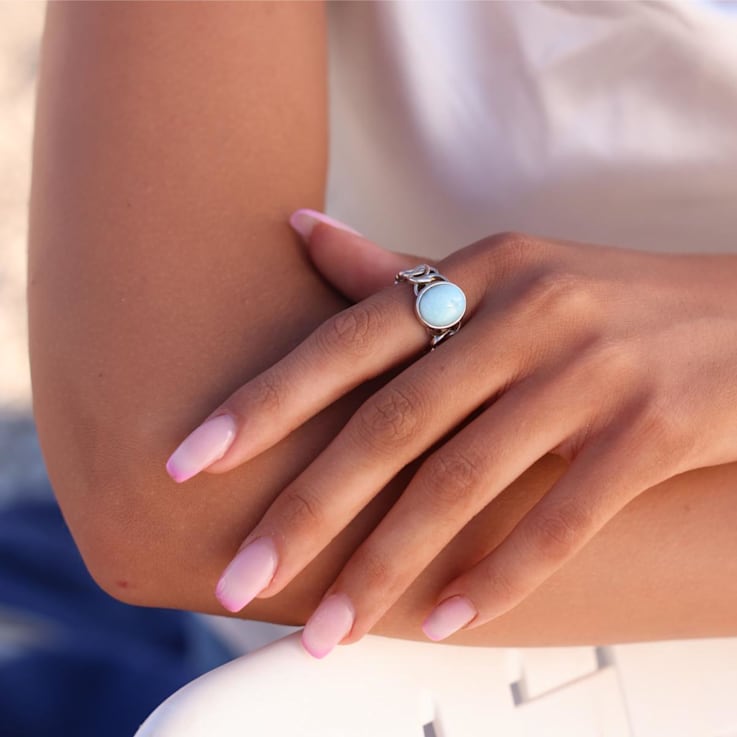 Oval Larimar Rhodium Over Sterling Silver Chain Shank Ring
