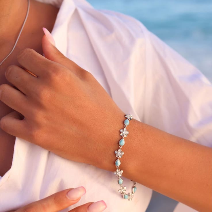Pear Shaped Larimar Rhodium Over Sterling Silver Flower Bracelet