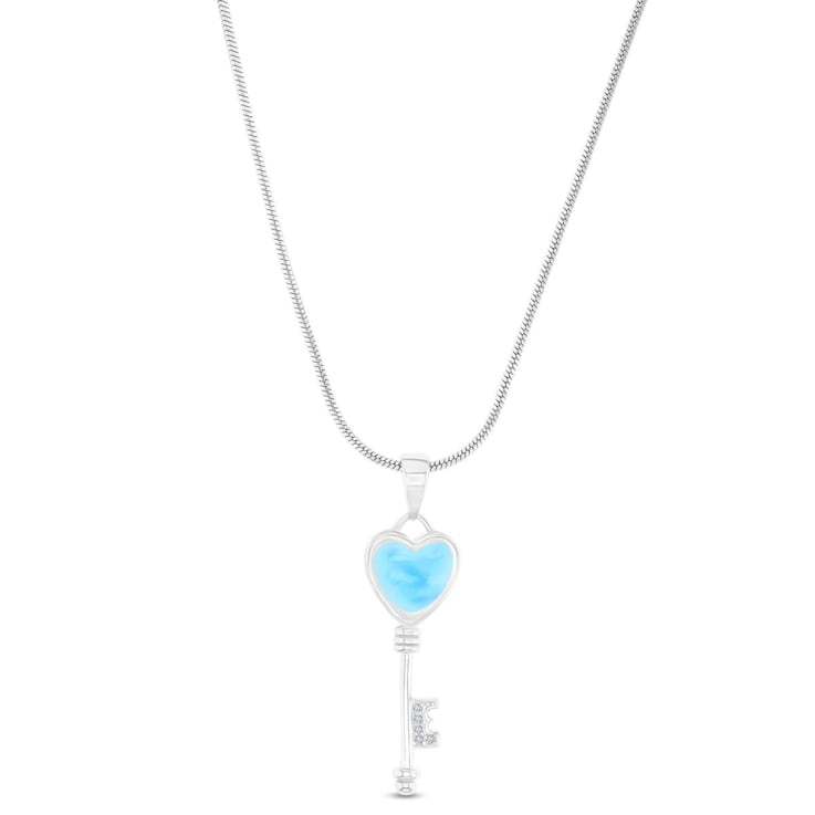 Larimar Heart and Key Rhodium Over Sterling Silver Adjustable Necklace