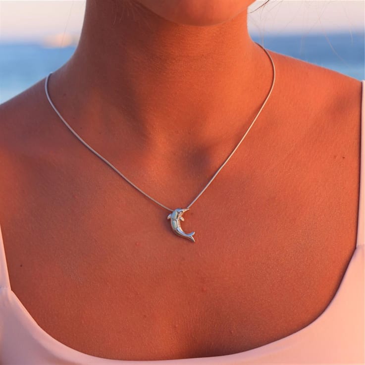 Larimar and Cubic Zirconia Dolphin Rhodium Over Sterling Silver
Adjustable Necklace