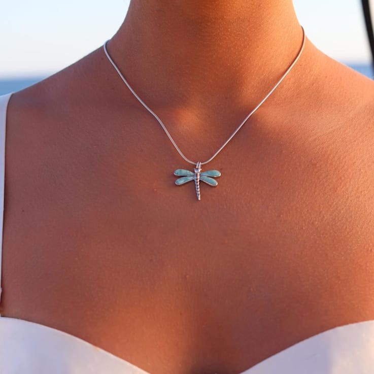 Larimar Dragonfly Rhodium Over Sterling Silver Adjustable Necklace
