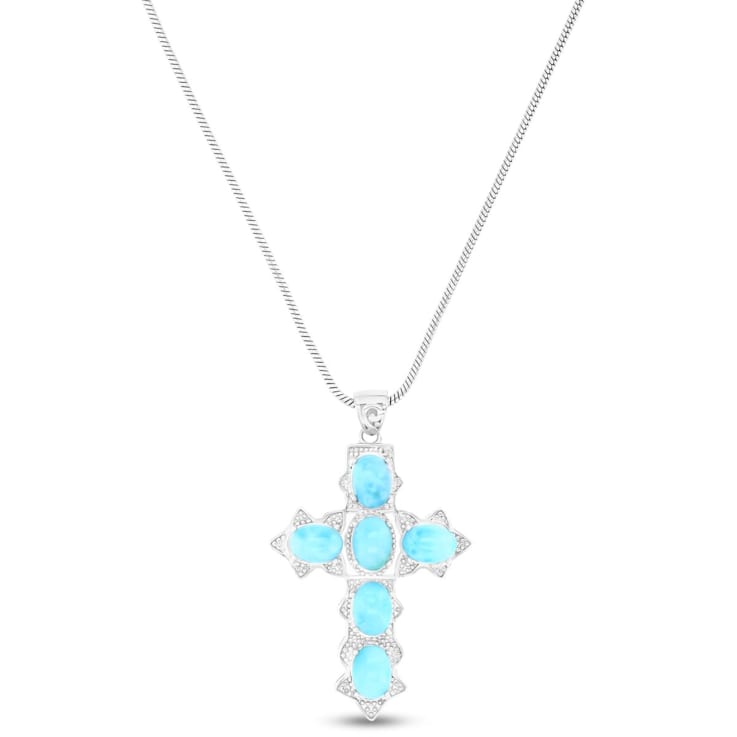 Larimar Oval Cross Rhodium Over Sterling Silver Adjustable Necklace