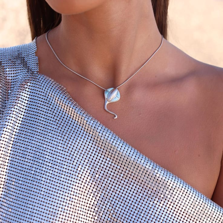 Larimar Textured Stingray Rhodium Over Sterling Silver Adjustable Necklace