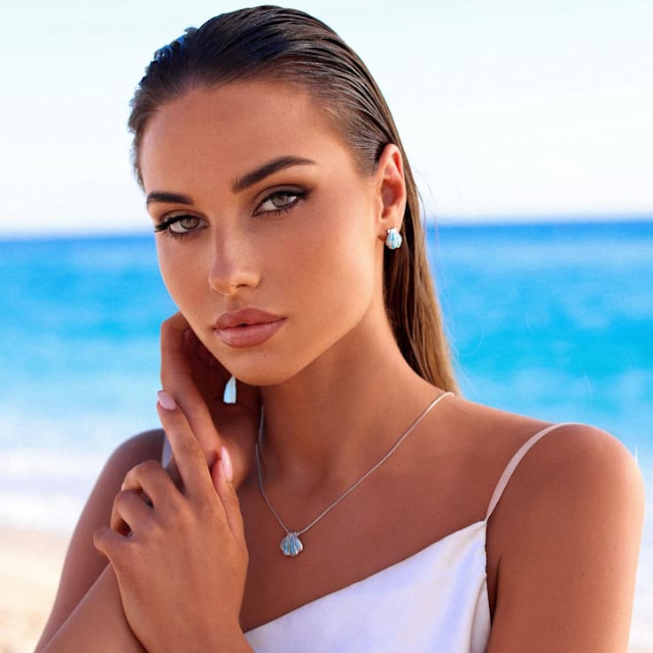 Larimar Shell Rhodium Over Sterling Silver Stud Earring