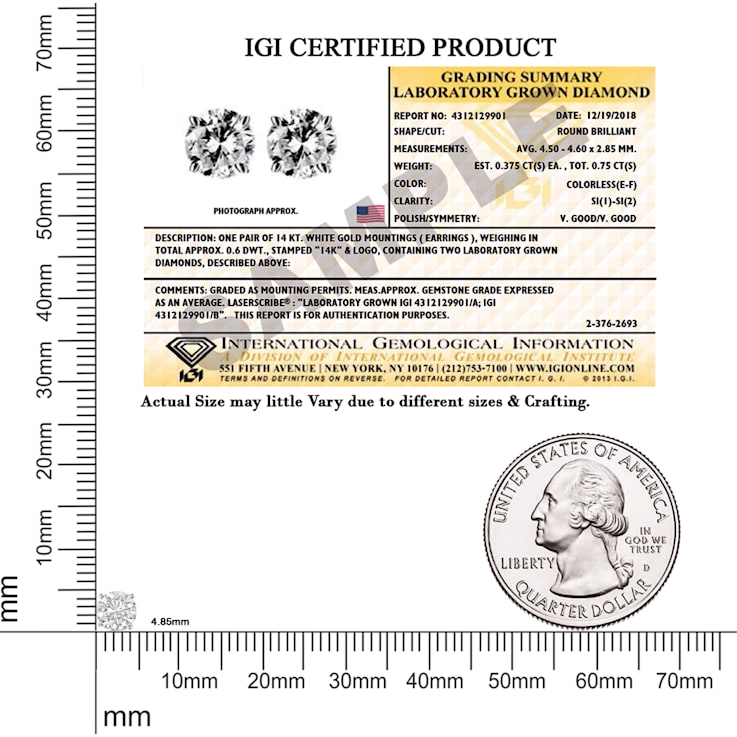 0.75 Ct 14K Gold IGI Certified Lab Grown Round Shape 4 Prong Diamond
Stud Earrings Friendly Diamonds