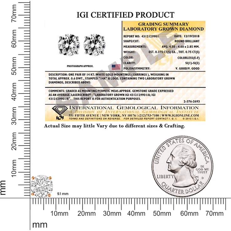 6 Ct 14K Gold IGI Certified Lab Grown Round Shape 4 Prong Diamond Stud
Earrings Friendly Diamonds