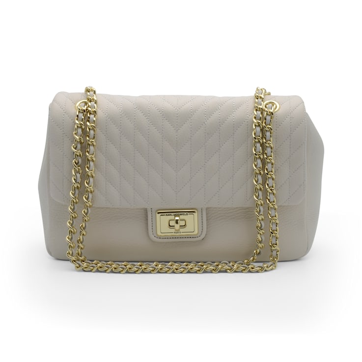 Karl Lagerfeld Paris Agyness Winter White and Gold Leather Shoulder Bag -  110XZA