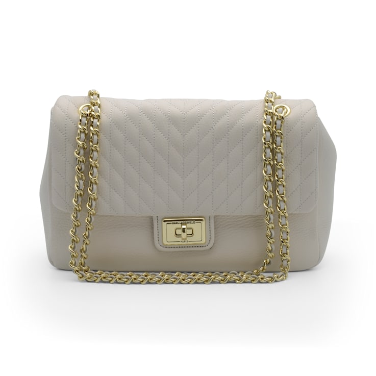 KARL LAGERFELD PARIS Agyness Quilted Leather & Gold Shoulder Bag in Winter  White