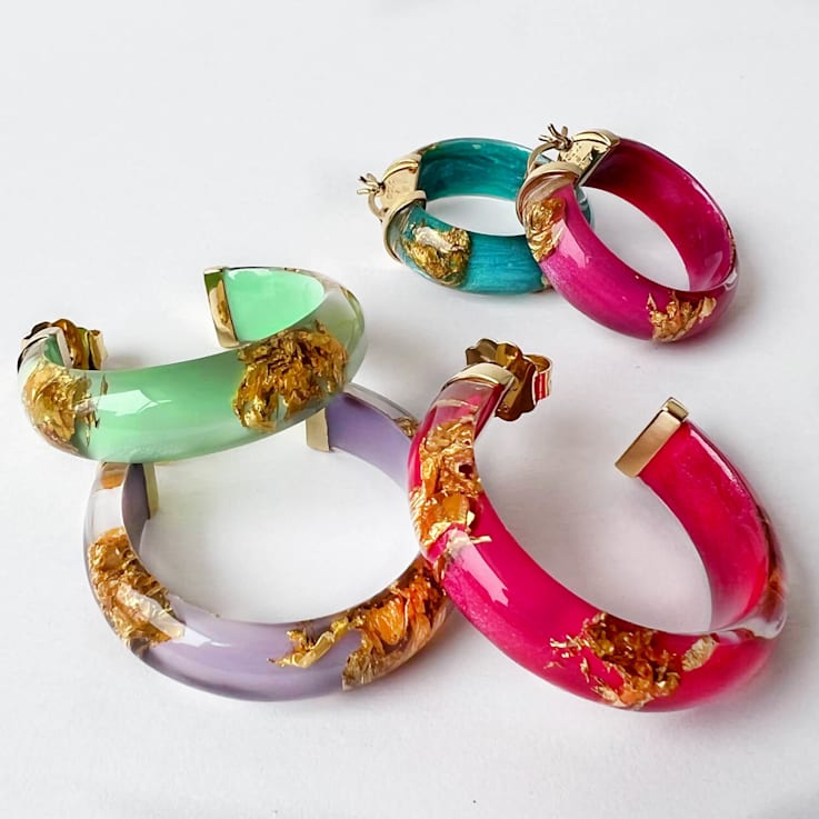 14K Yellow Gold Over Sterling Silver Small Gold Leaf Pink Lucite
