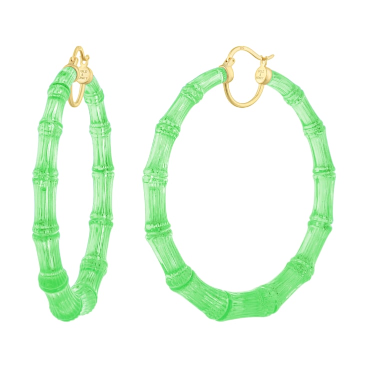 14K Yellow Gold Over Sterling Silver XL Lucite Bamboo Lime Green Hoops