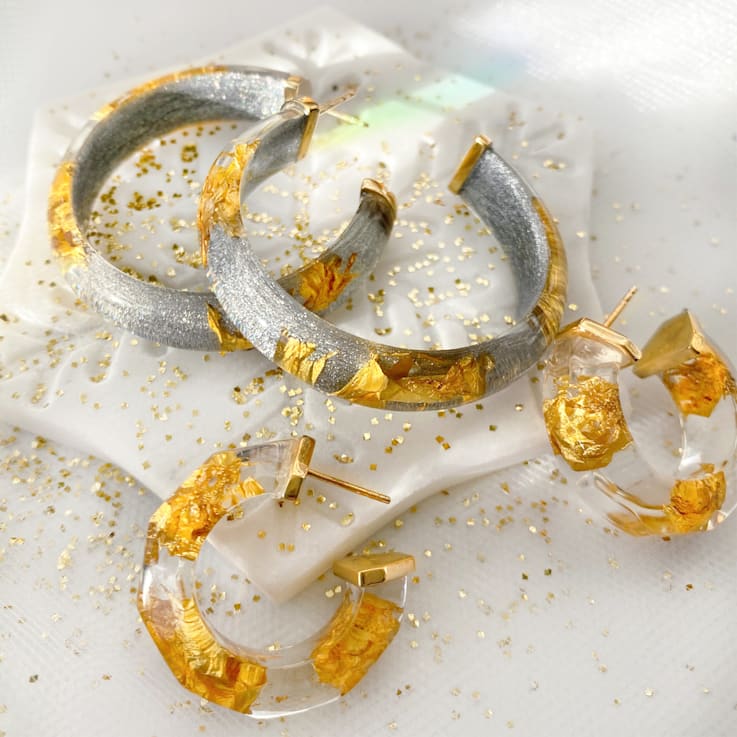 24K Gold Leaf Faceted Huggies in Clear