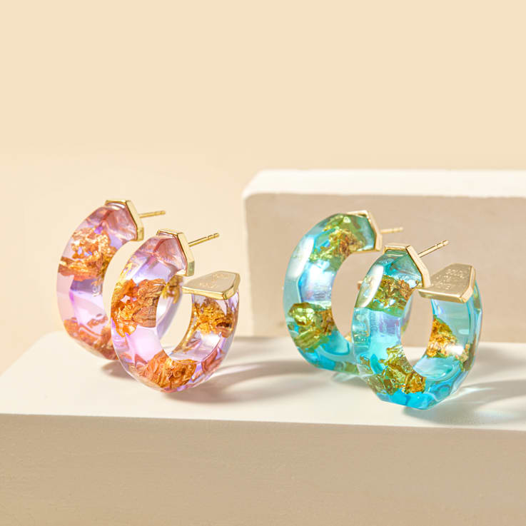 24K Gold Leaf Faceted Huggies in Aqua