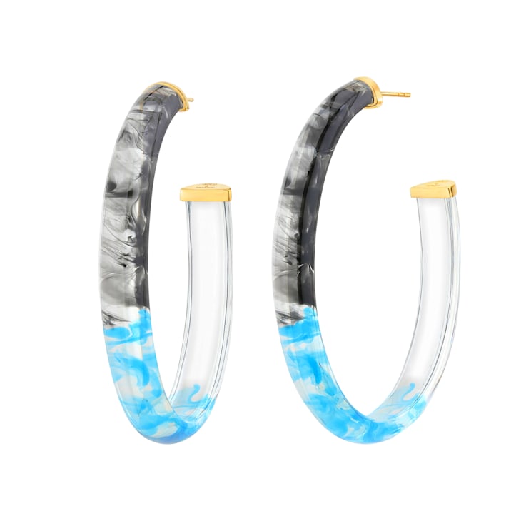 14K Yellow Gold Over Sterling Silver XL Oval Tie Dye Lucite Hoop
Earrings In Black and Blue