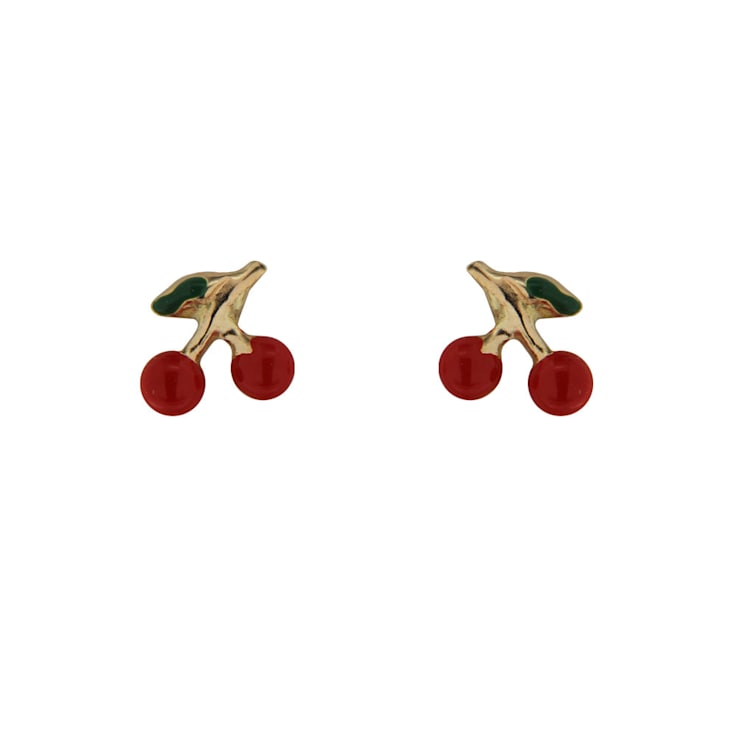 18K Solid Yellow Gold Tiny Red Enamel Cherry Post Earrings