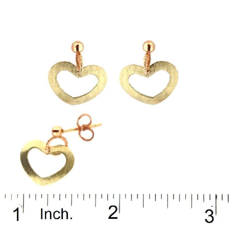 18K Solid Yellow Gold Heart with Pink Gold Bead Dangle Earrings