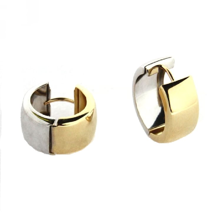 18K Solid Two Tone Gold Polished Thick Hoop Huggie Earrings