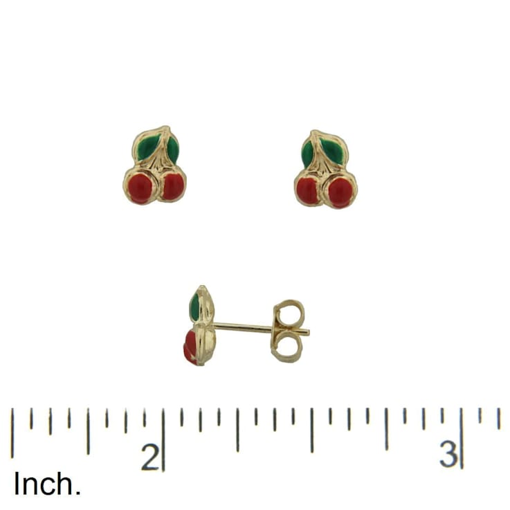 18K Solid Yellow Gold Small Red Enamel Cherry Post Earrings