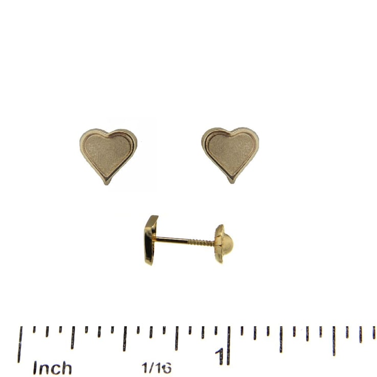 18K Solid Yellow Gold Satin Heart Screwback Earrings
