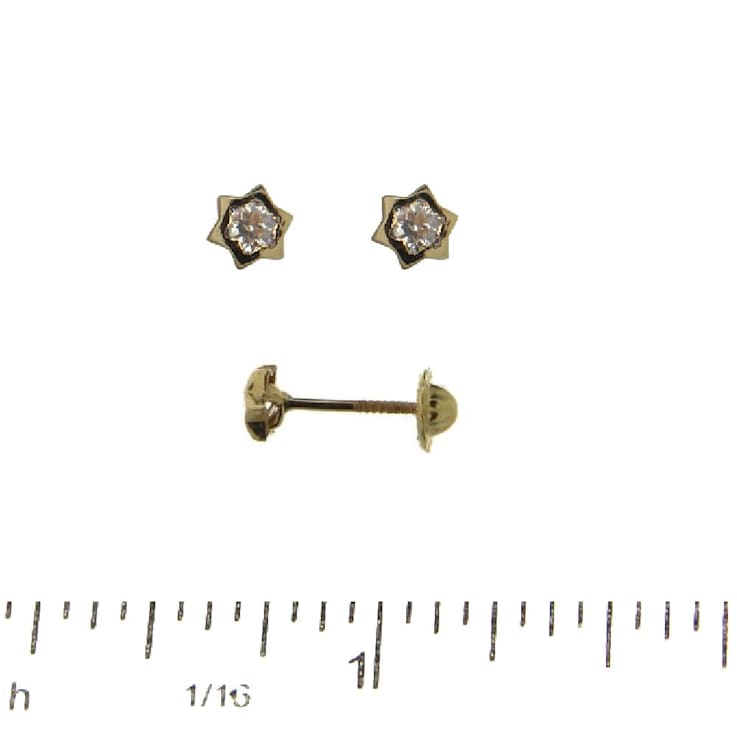 18K Yellow Gold Small Star With Cubic Zirconia Center Screwback Earrings