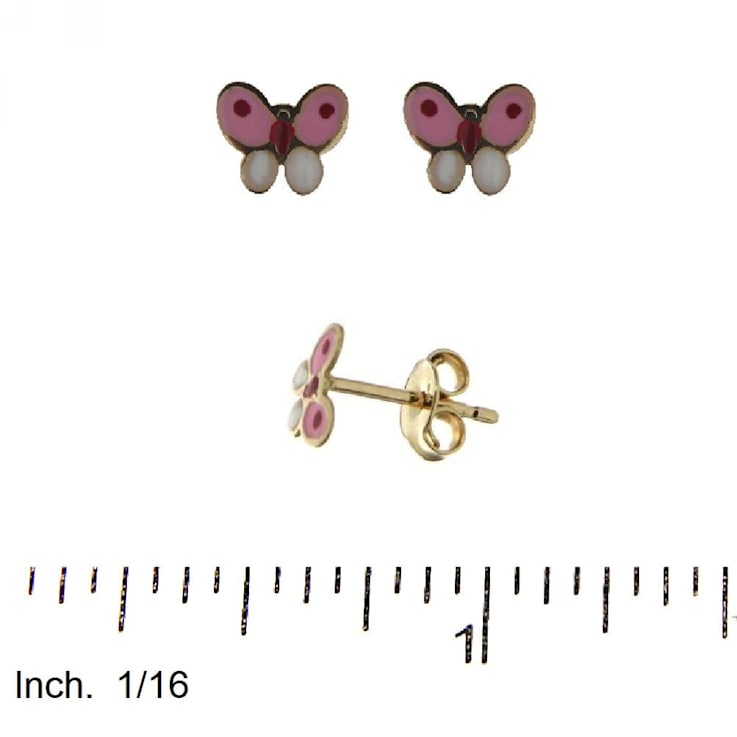18K Solid Yellow Gold Pink and White Enamel Butterfly Post Earrings