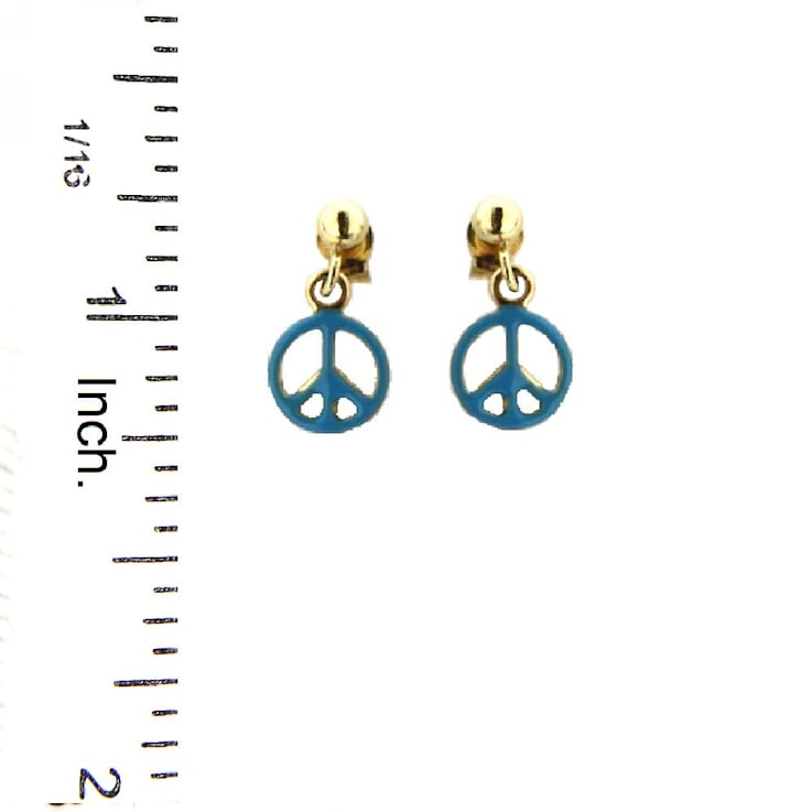18K Yellow Gold with Blue Enamel Peace Sign Stud Earrings